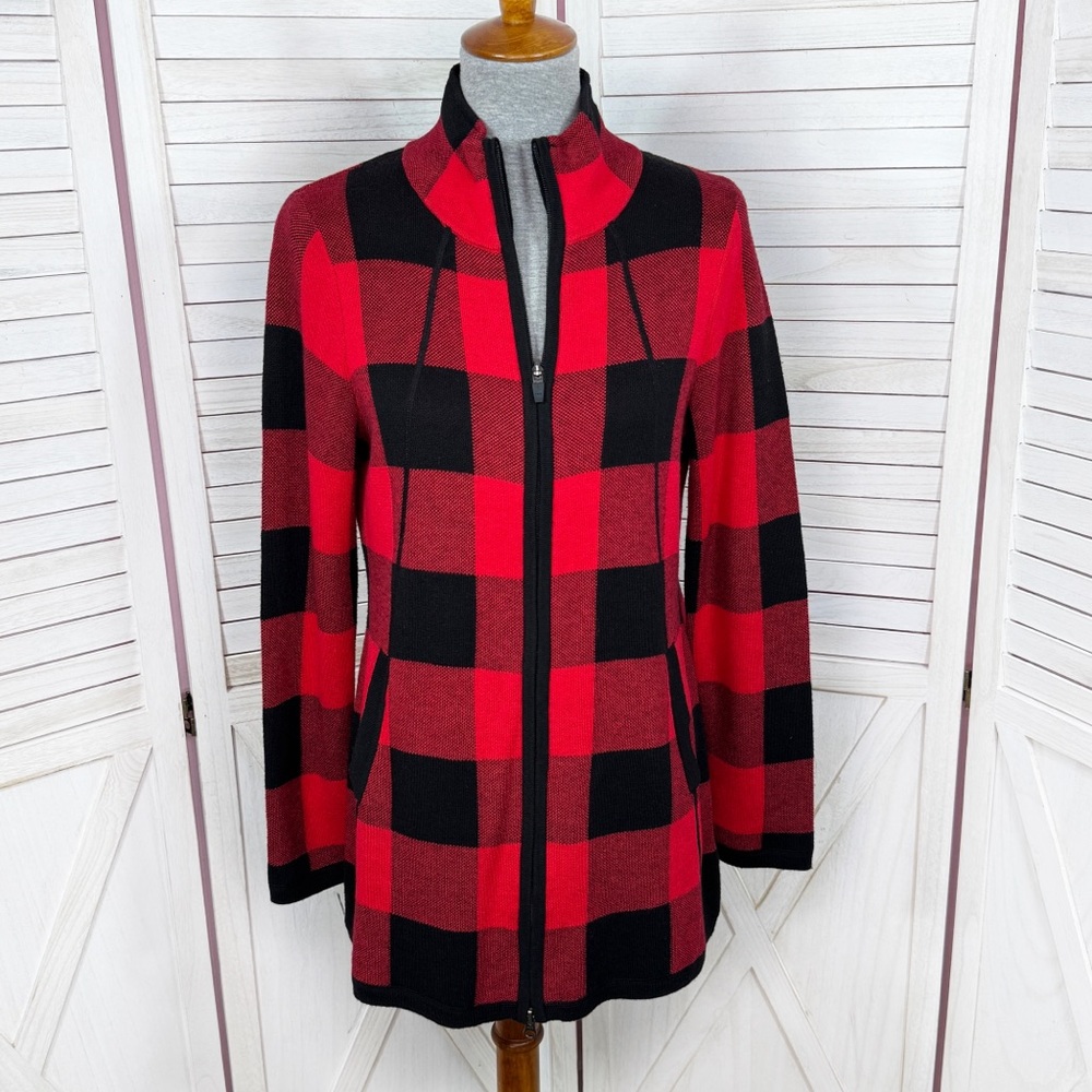 Adrienne‎ Vittadini Buffalo Check Mock Neck Tunic Cardigan Sweater Red Black
